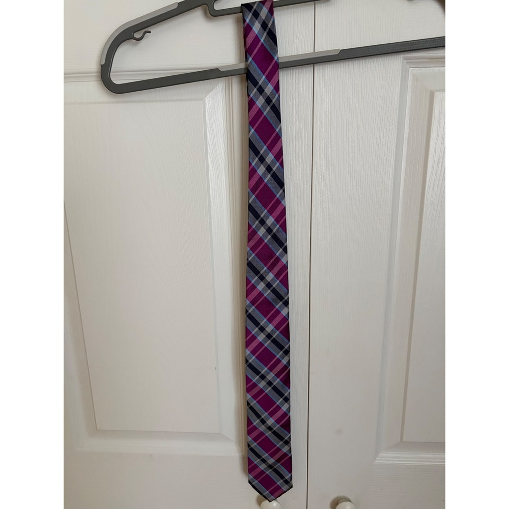 Jos. A. Bank 1905 Mens Silk Necktie Magenta Navy Blue Grey Plaid Check Accessory